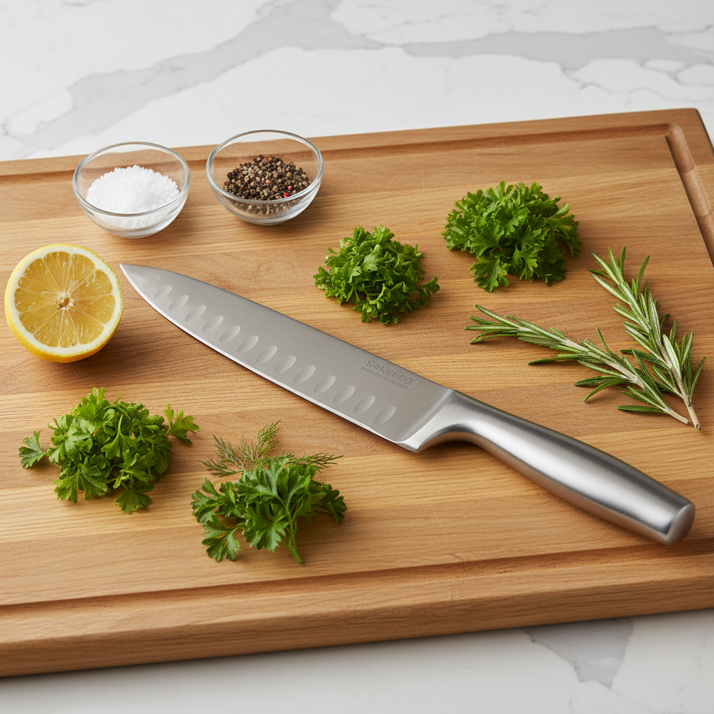 A modern, stainless-steel chef’s knife resting diagonally on an unblemished wooden cutting board, surrounded by artfully arranged fresh ingredients like vibrant green herbs, small glass bowls of salt and pepper, and a halved lemon with finely textured peel. The background features a structured countertop with clean lines and uncluttered surfaces. Illumination comes from soft studio lighting above, creating gentle reflections on both metal and wood without harsh shadows. The overall mood is professional and methodical, emphasizing precision and clean aesthetics. Shot from an eye-level angle and framed with a minimalist, balanced layout, the image embodies a photographic, corporate style ideal for culinary instruction.