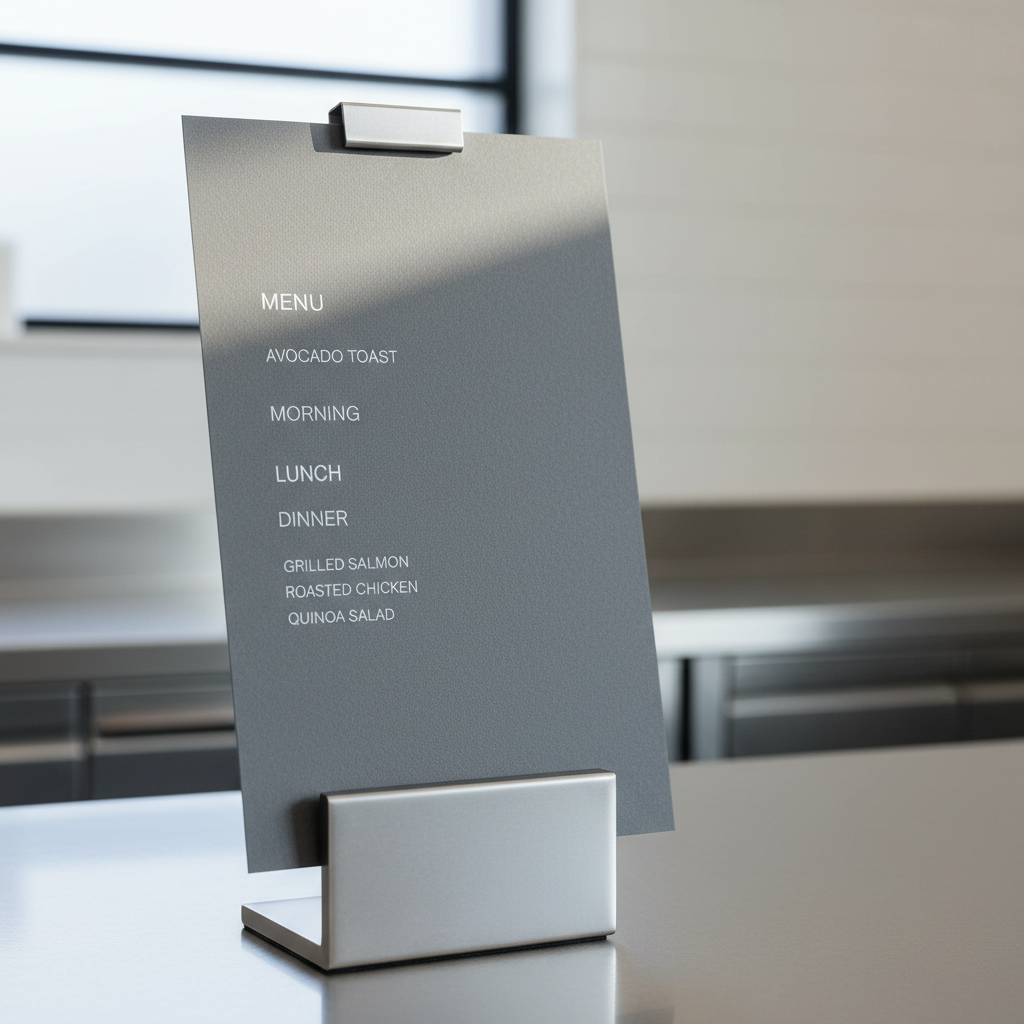 A close-up shot of a minimalist menu board with neatly printed, modern sans-serif font on textured gray card stock, propped upright on a brushed metal stand. The board’s surface reflects a hint of the ambient cool daylight, and the background is softly out of focus, revealing subtle geometric shapes and neutral walls of a professional test kitchen. Side lighting from a frosted window above creates understated highlights along the edges of the menu, reinforcing a structured, corporate feel. With a shallow depth of field and precise framing, the image exudes clarity, professionalism, and clean design—ideal for blog content focused on restaurant consulting.